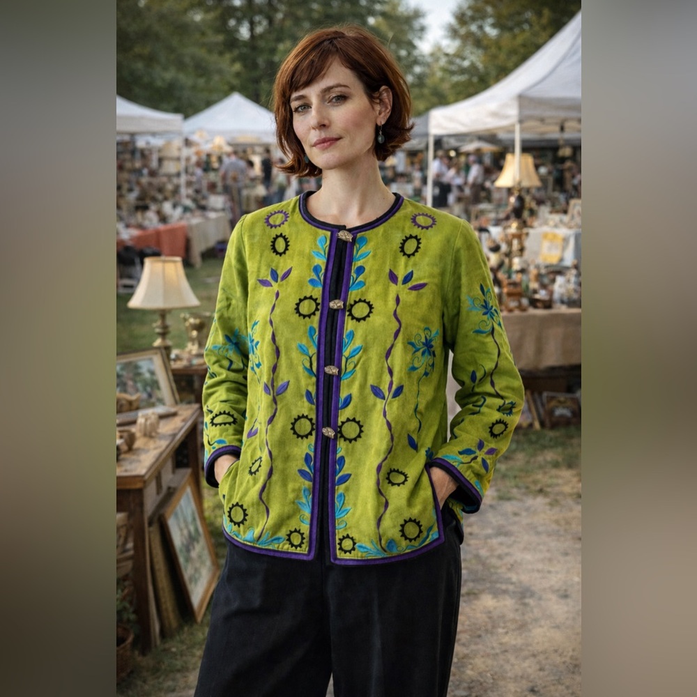 Vintage 90s Crossing Pointe Embroidered Jacket L Green Art Wear Linen